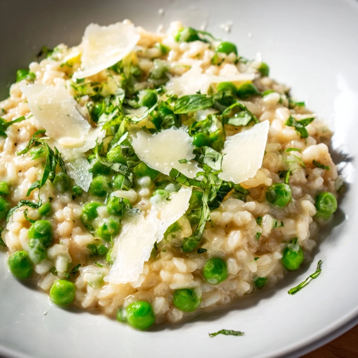 Vibrant green pea risotto with aromatic basil garnish and nutty Parmesan on rustic wooden table
