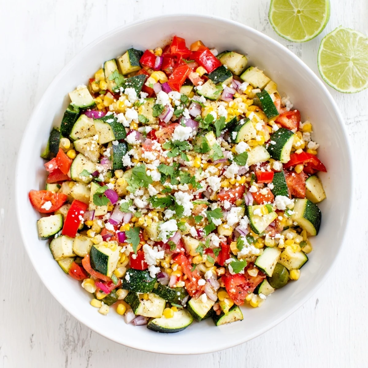 Colorful Calabacitas Mexican zucchini skillet featuring tender corn, tomatoes, and melted queso fresco cheese