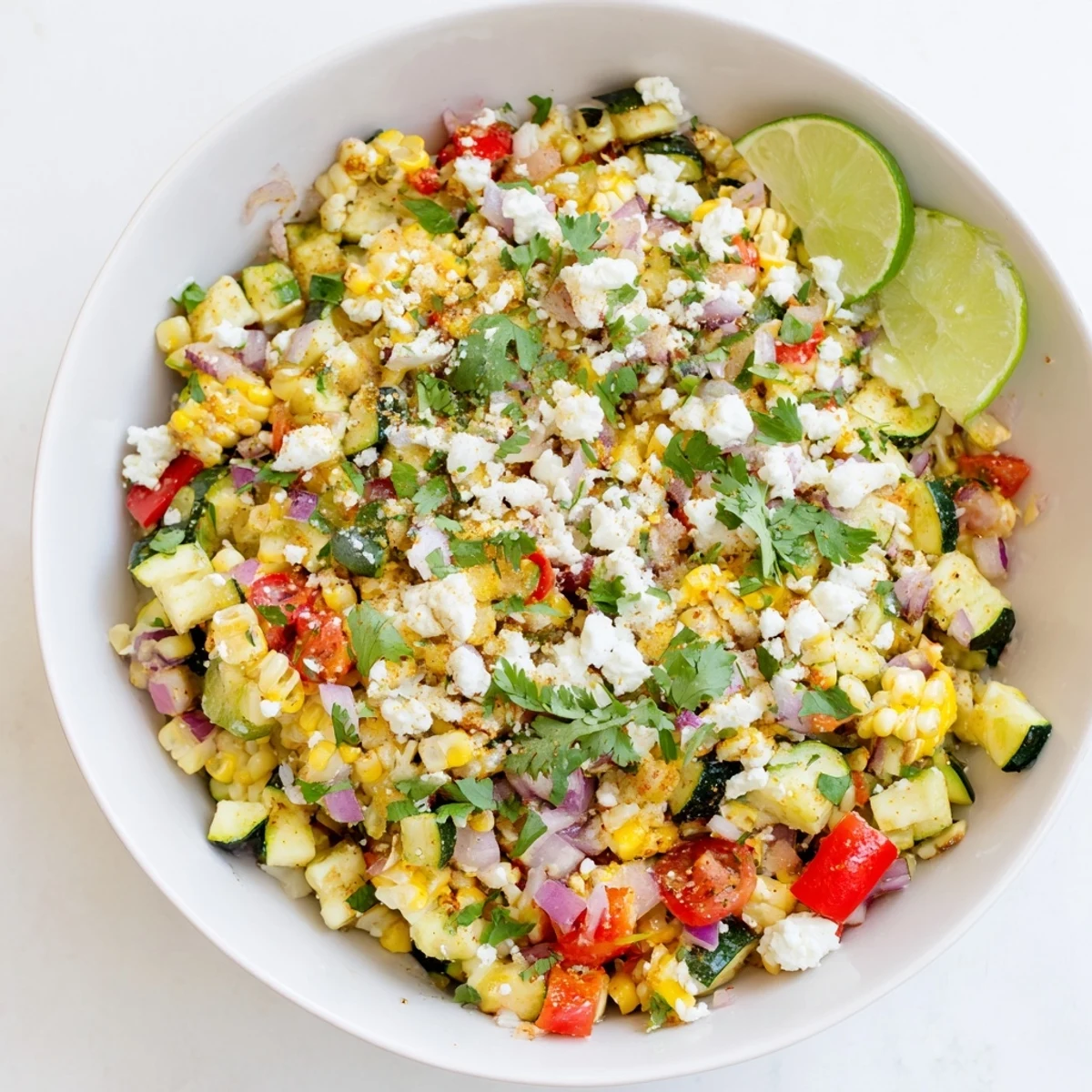 Traditional Calabacitas recipe showcasing diced zucchini and onions topped with crumbled white cheese and fresh cilantro