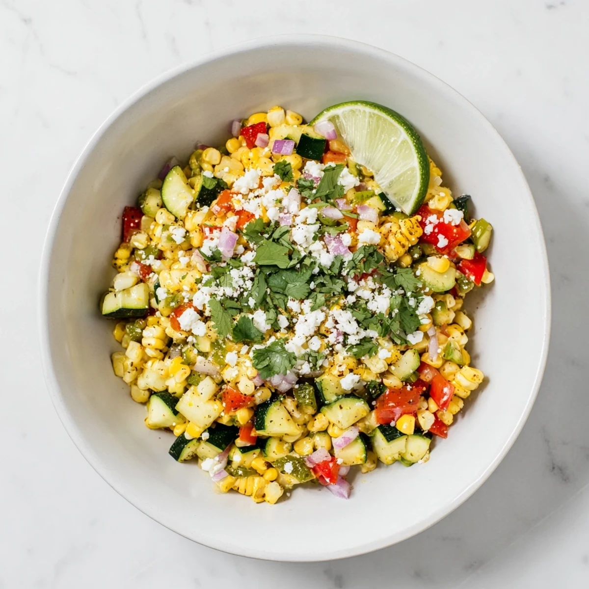 Savory Calabacitas dish with sautéed zucchini, poblano peppers, and sweet corn in a comforting vegetable medley