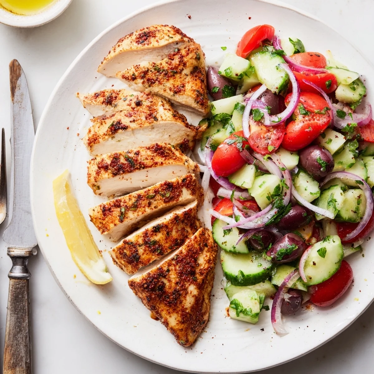 Golden grilled Fiery Mediterranean Chicken With Cucumber Salad featuring juicy spiced meat alongside crisp vegetables and tangy olives