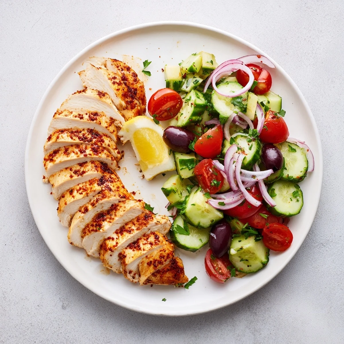 Sliced spicy Fiery Mediterranean Chicken resting on fresh cucumber salad with cherry tomatoes red onion and vibrant parsley garnish