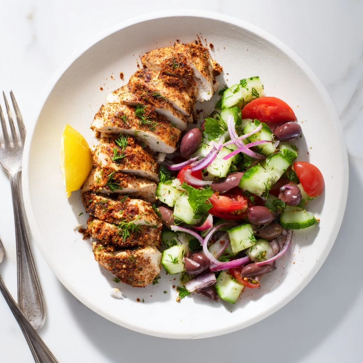 Platter of Fiery Mediterranean Chicken With Cucumber Salad showcasing charred seasoned breast meat paired with refreshing diced Mediterranean vegetables