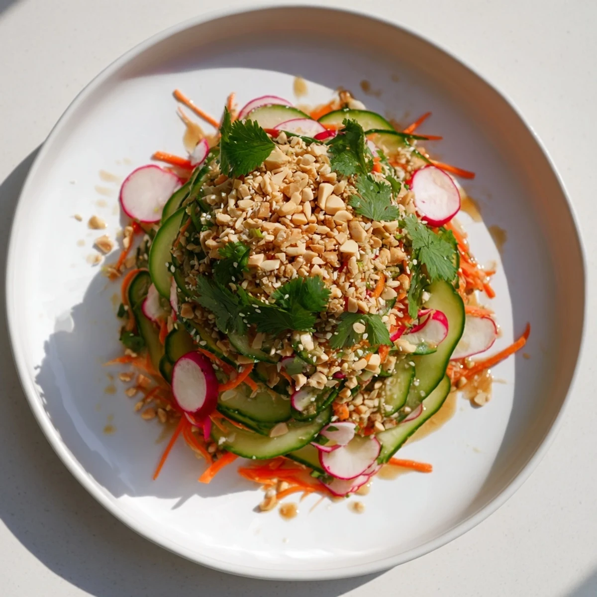 Fresh cucumber carrot salad with big crunch featuring julienned vegetables tossed in tangy sesame dressing and topped with toasted nuts