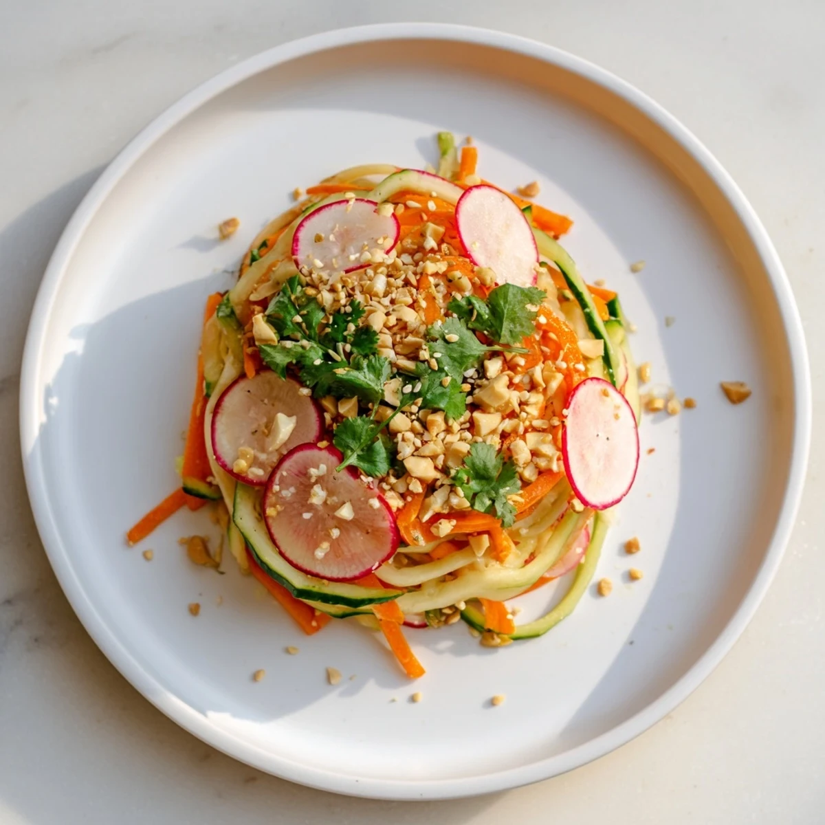 Colorful bowl of cucumber carrot salad with big crunch coated in savory ginger sesame oil and garnished with sesame seeds
