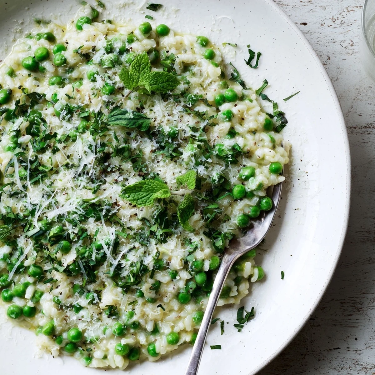 Creamy spring pea risotto topped with freshly grated Parmesan and bright green herbs