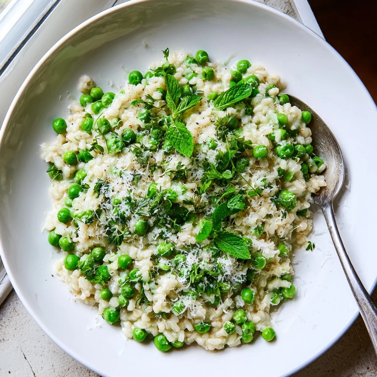 Velvety Arborio rice risotto studded with sweet peas and lemon zest