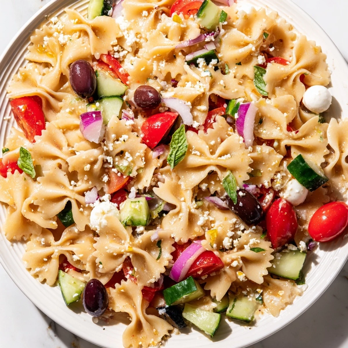 Colorful Italian bow tie pasta salad with fresh vegetables and mozzarella pearls in a serving bowl