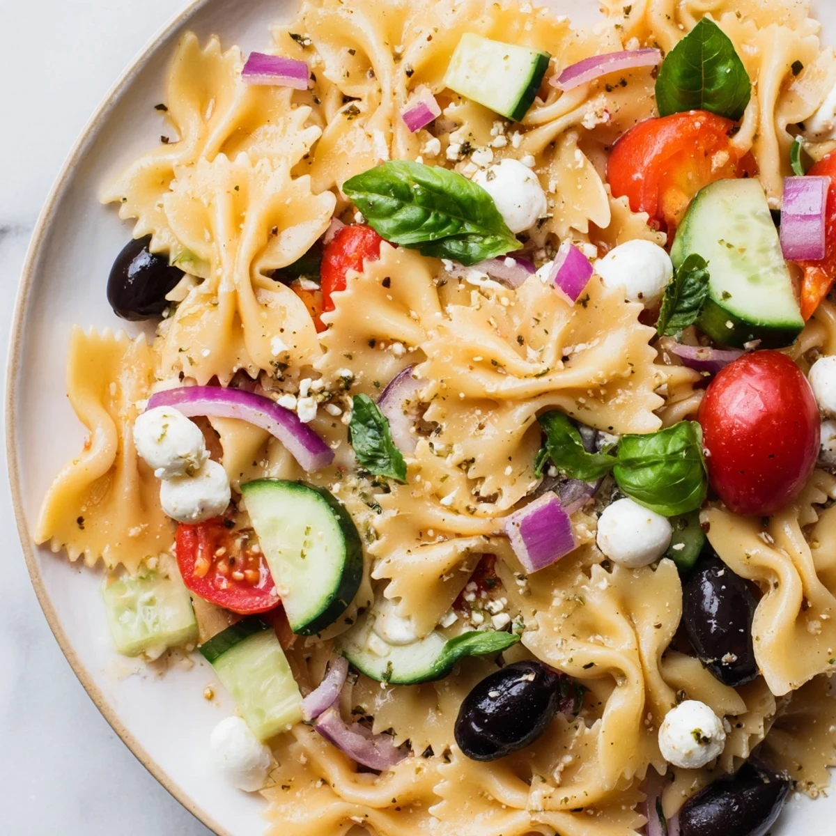 Vibrant cold Italian bow tie pasta salad featuring cherry tomatoes, olives, and cheese on a white platter