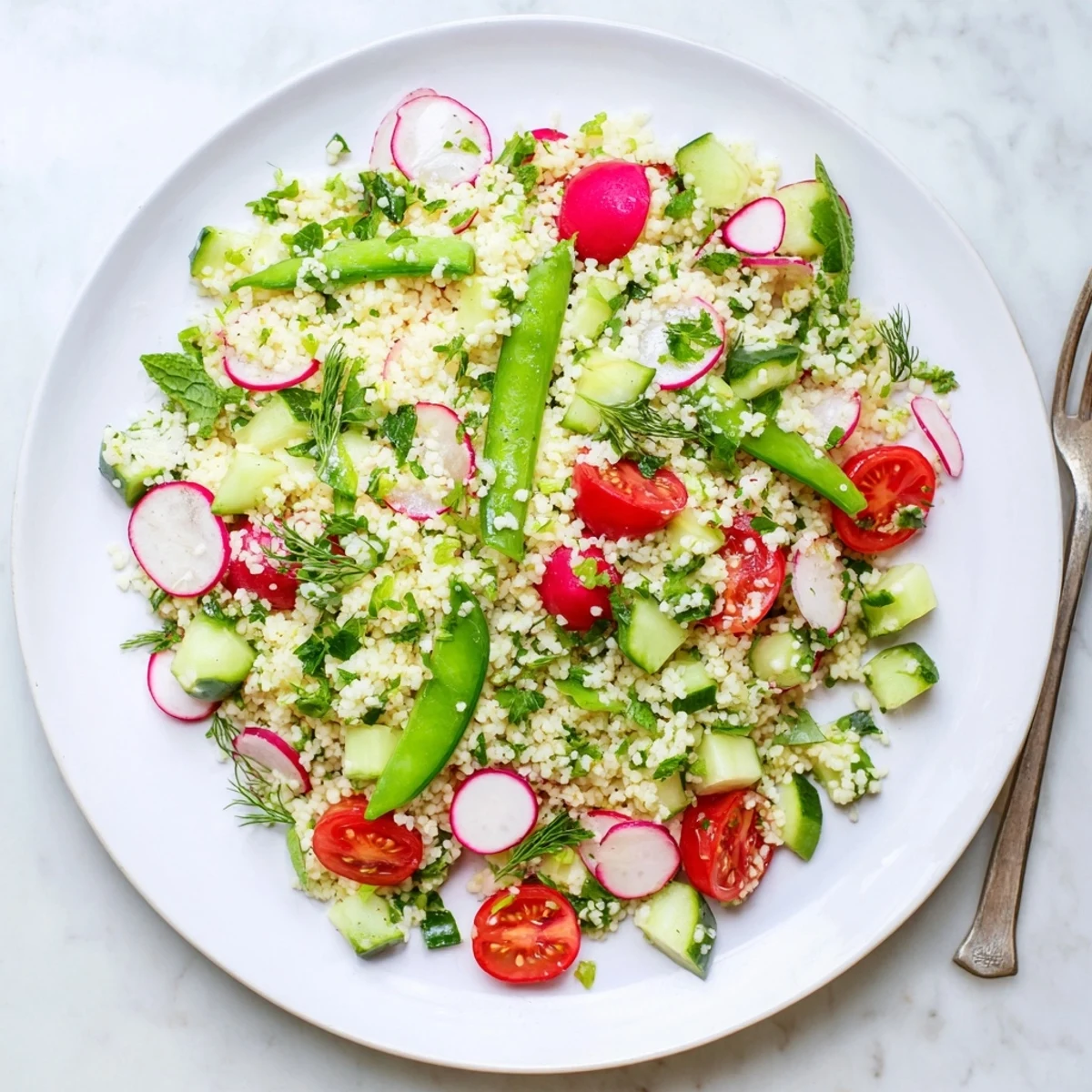Colorful spring couscous salad with cherry tomatoes, cucumber, and fresh herbs in lemon dressing.