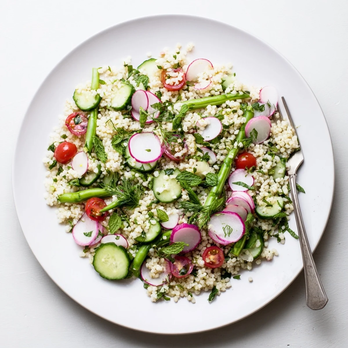 Vibrant Mediterranean salad featuring fluffy couscous tossed with crisp vegetables and zesty herb dressing.