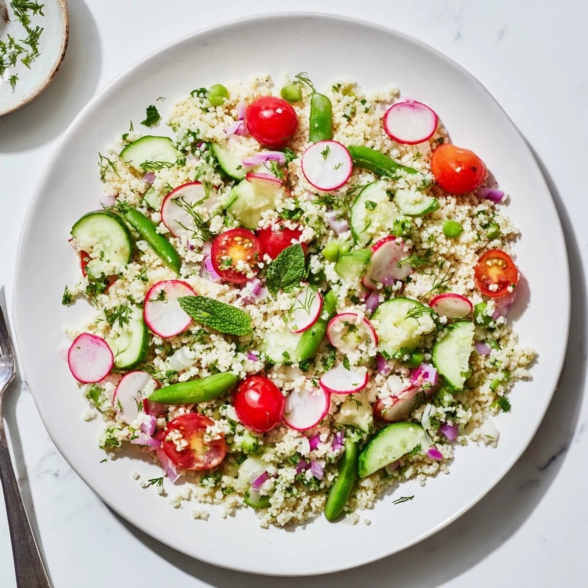 Light and refreshing spring couscous salad with radishes, snap peas, and mint for easy lunches.