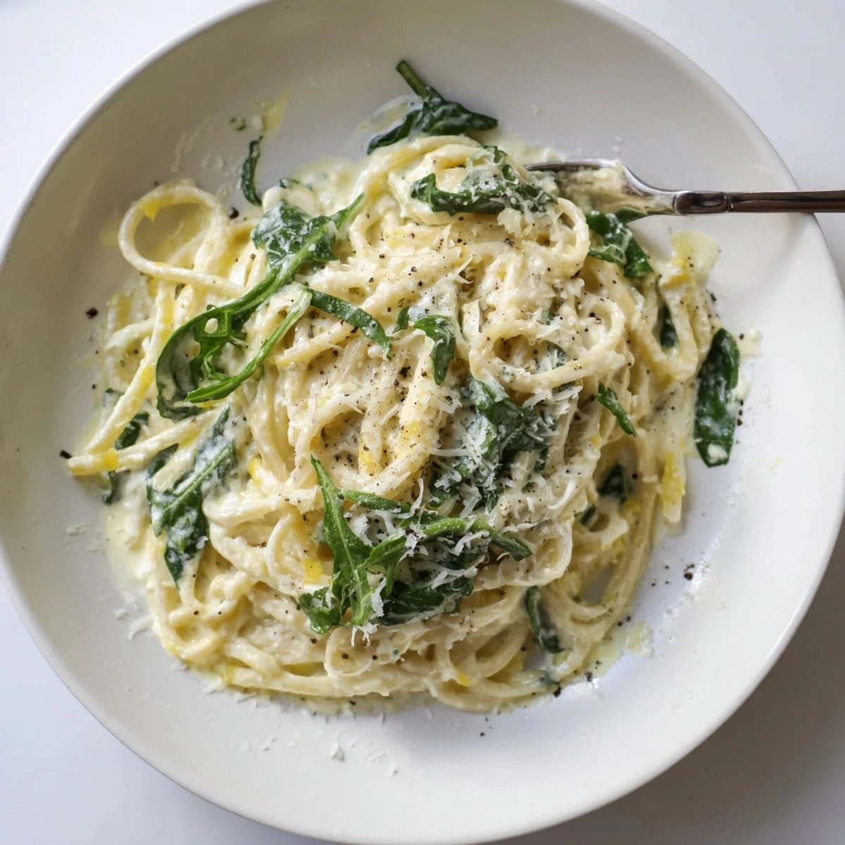 Creamy lemon ricotta pasta tossed with peppery fresh arugula in a white serving bowl
