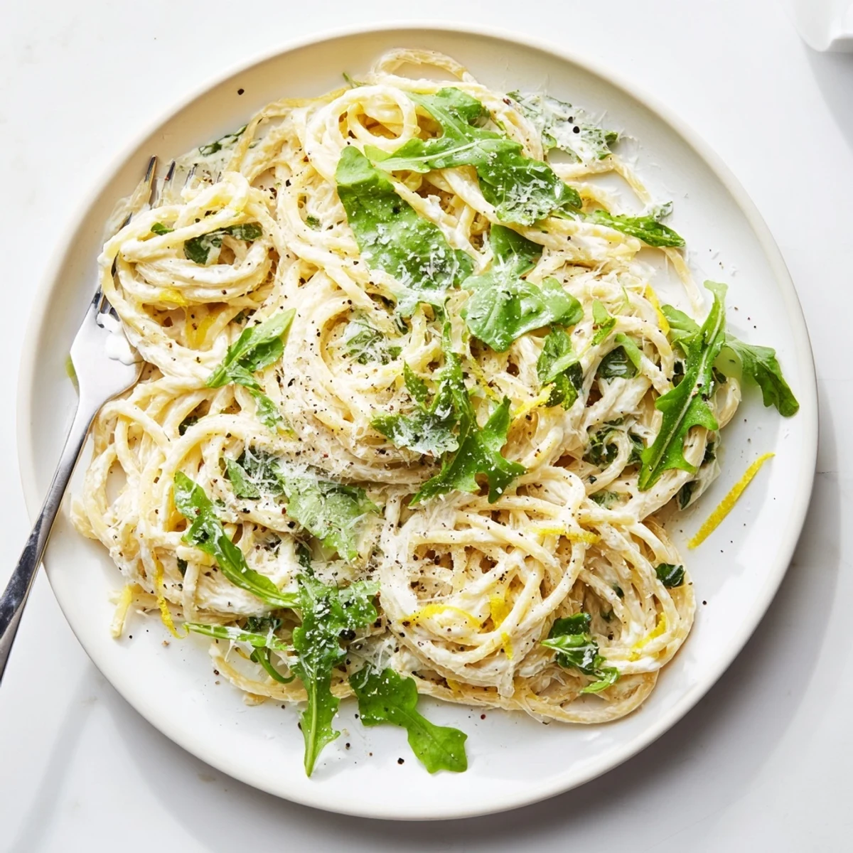 Twirled spaghetti coated in bright lemon ricotta sauce with wilted arugula and parmesan shavings