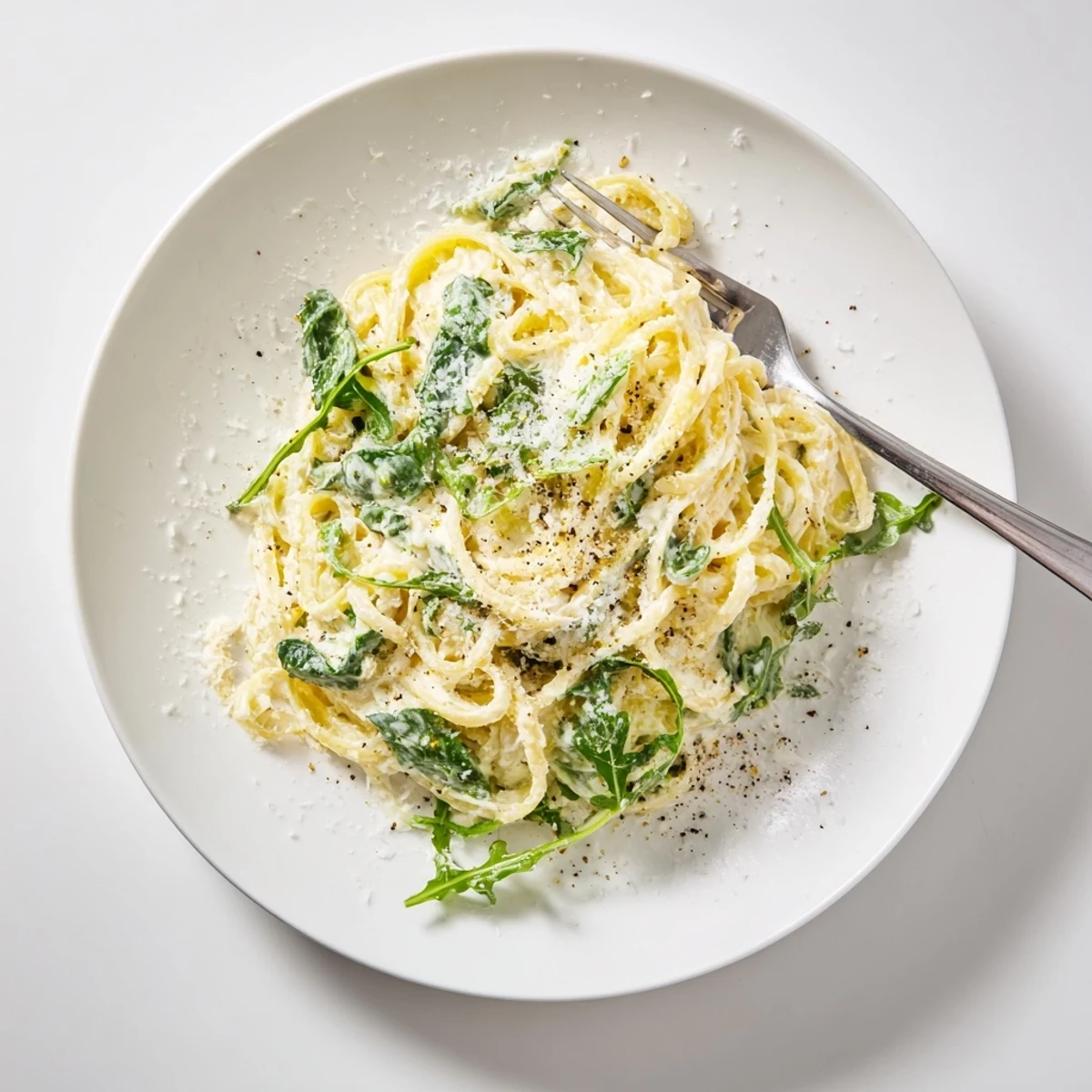 Golden lemon ricotta pasta dish featuring silky sauce and vibrant green arugula leaves