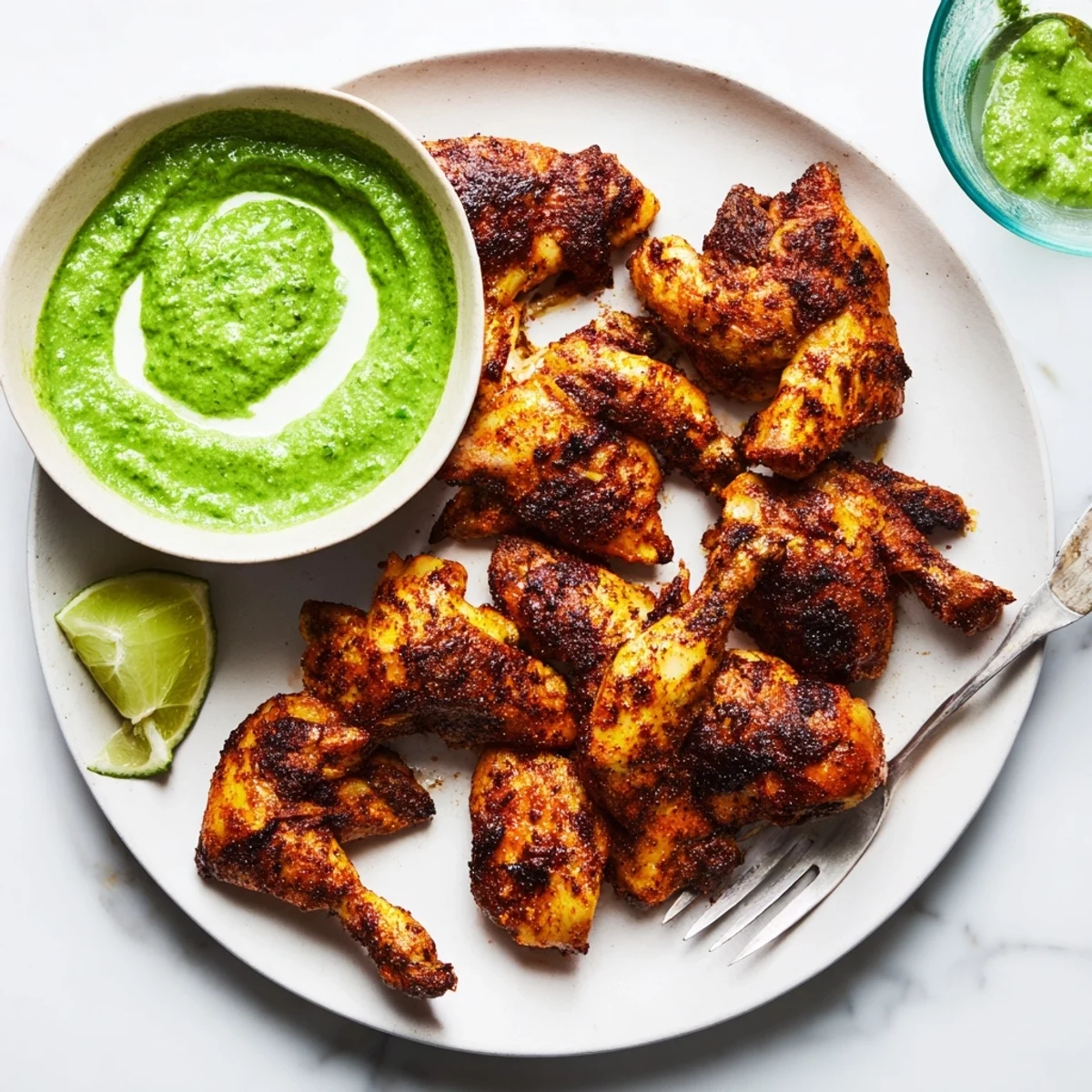 Succulent spice-marinated Peruvian roast chicken resting on a platter with creamy herb sauce drizzled nearby