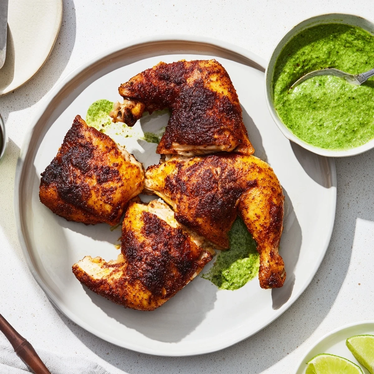 Golden brown Peruvian roast chicken with crispy skin served alongside vibrant green aji verde sauce