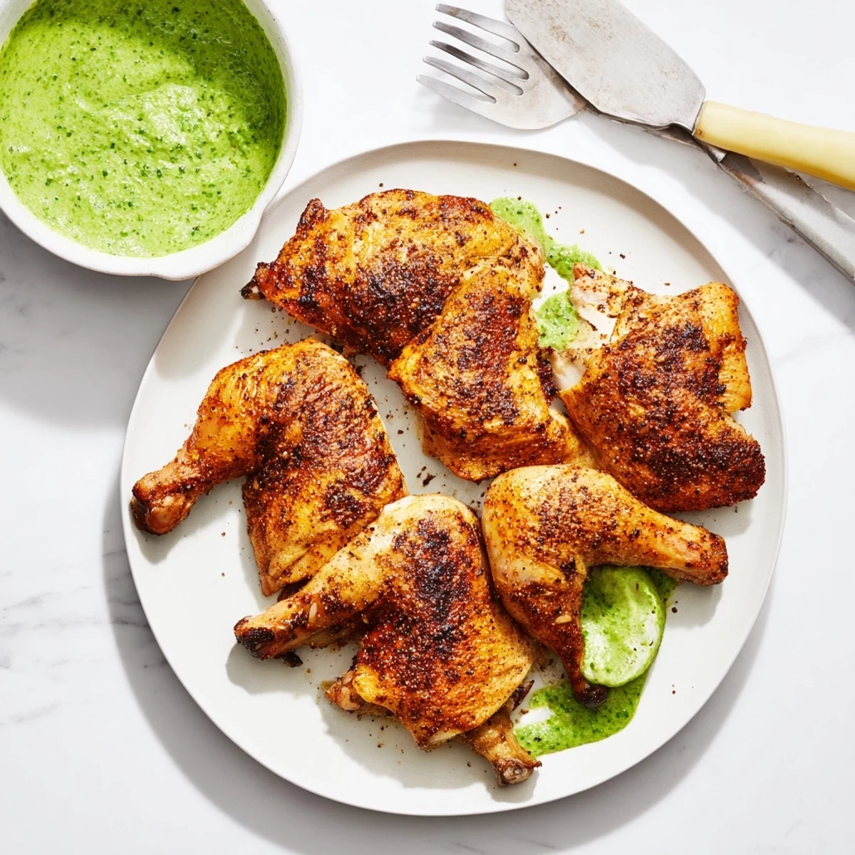 Carved Peruvian roast chicken pieces garnished with fresh lime wedges and tangy green dipping sauce