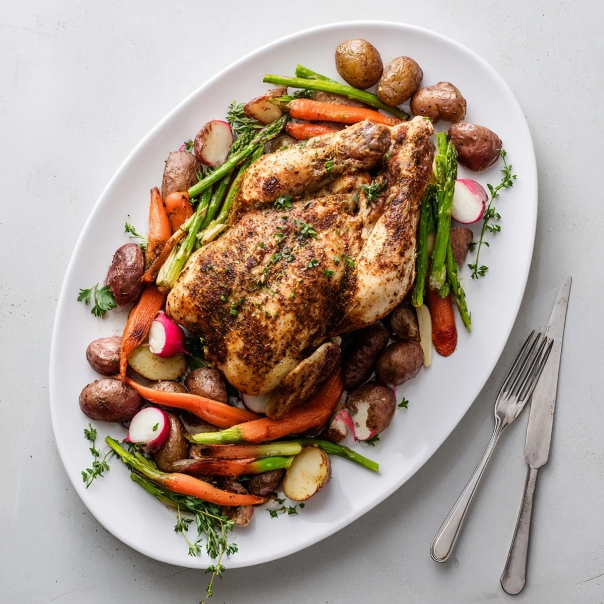 Whole roasted chicken surrounded by colorful carrots, asparagus, and baby potatoes