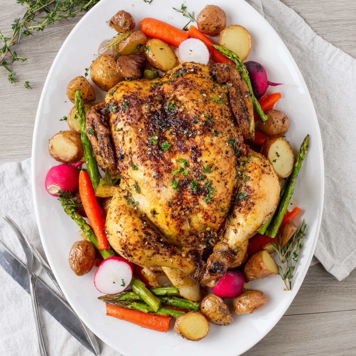 Juicy herb roasted chicken with tender seasonal spring veggies ready for dinner