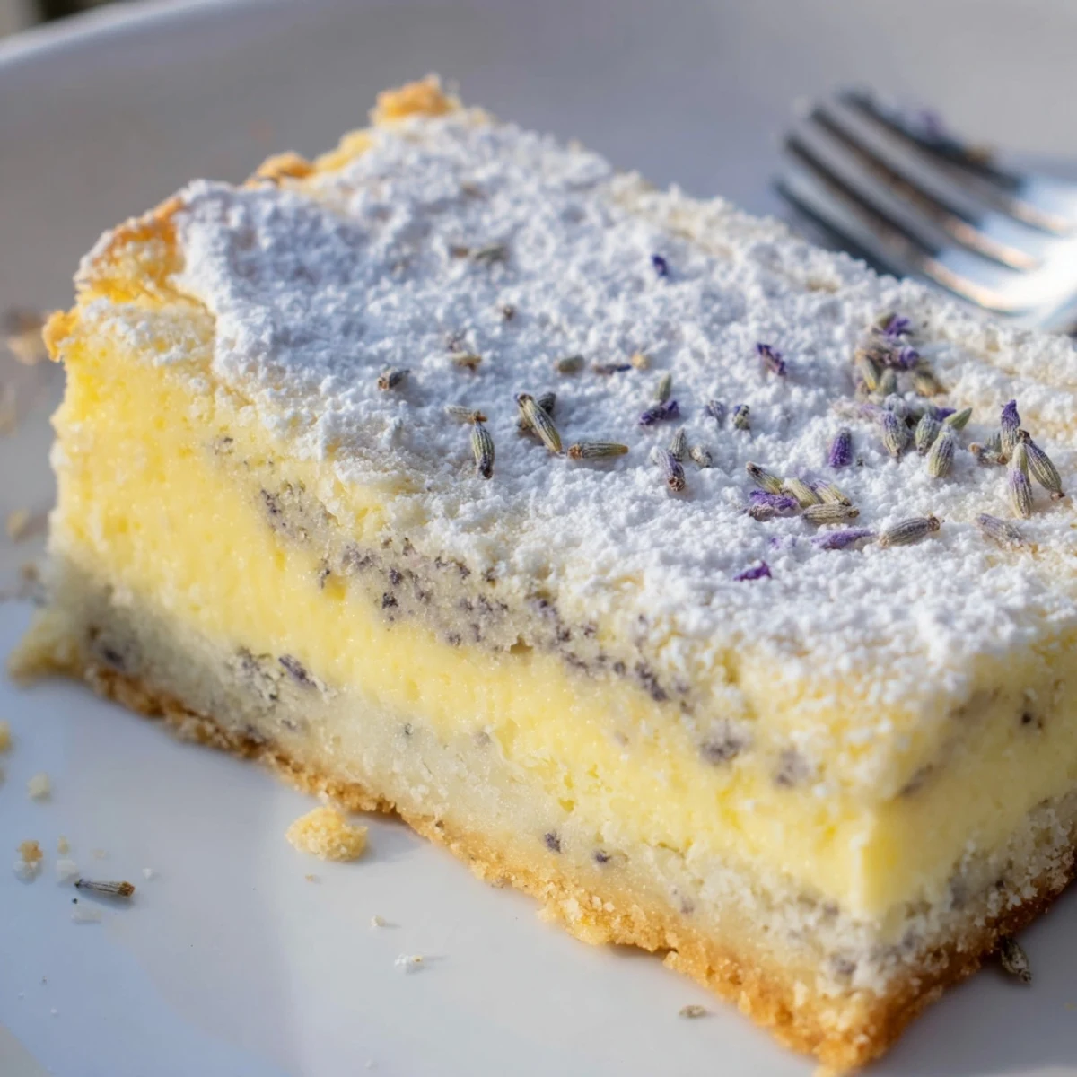 Golden lavender lemon cream bars with buttery crust and snowy powdered sugar topping