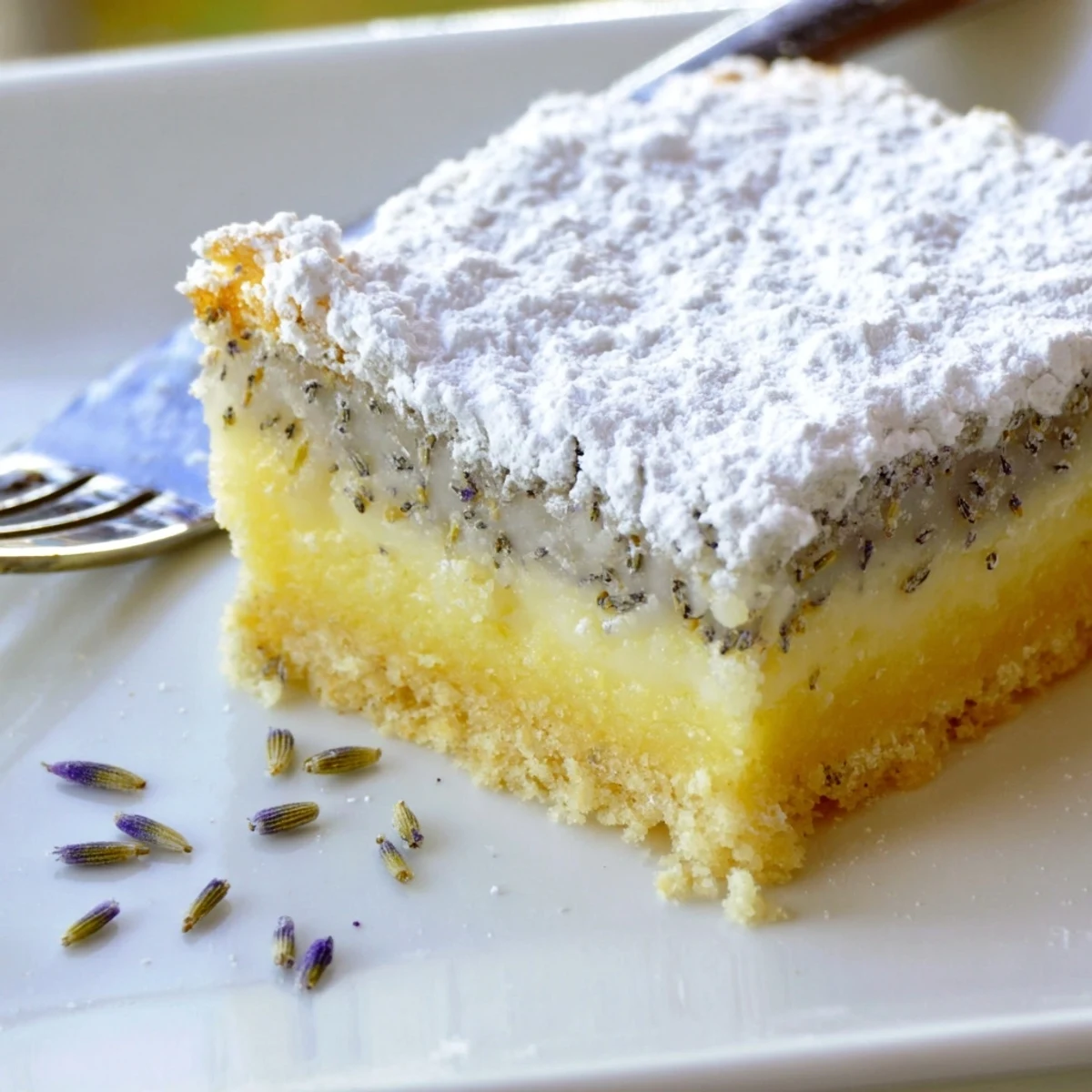 Elegant teatime lavender lemon cream bars with smooth custard filling and sugar dusting