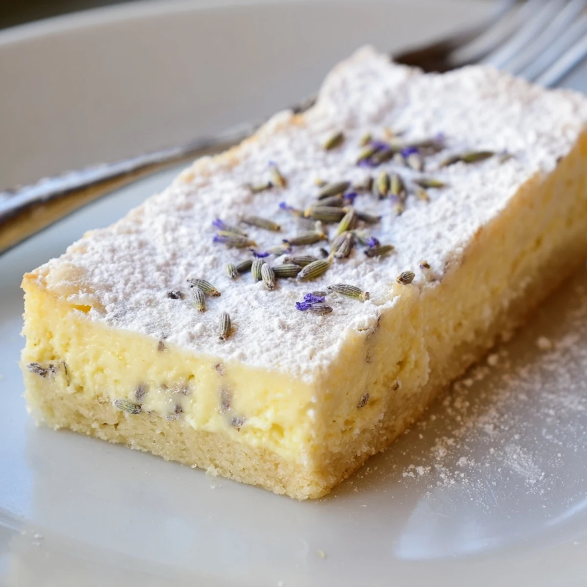 Creamy lemon lavender squares on flaky pastry, dusted with white powdered sugar