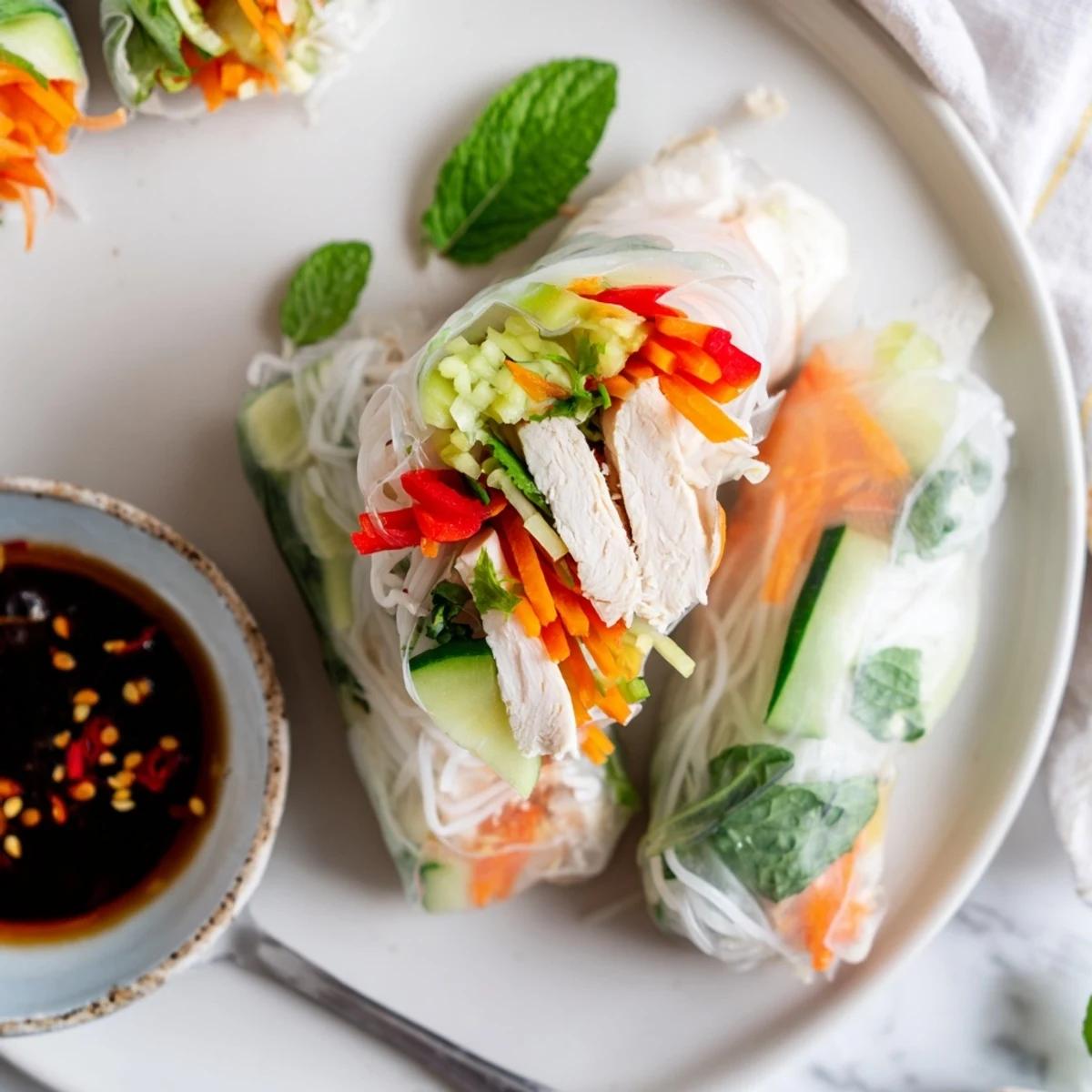Crispy light chicken veggie spring rolls featuring tender chicken strips, julienned carrots, cucumber, and red bell peppers, arranged on a clean serving platter