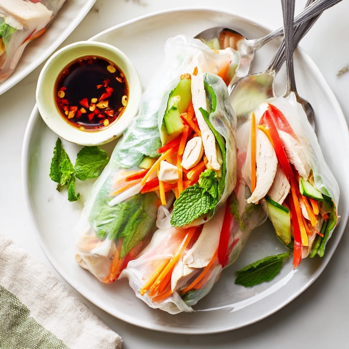Golden brown chicken spring rolls with colorful vegetables on a white plate, garnished with fresh herbs and served alongside a small bowl of zesty dipping sauce