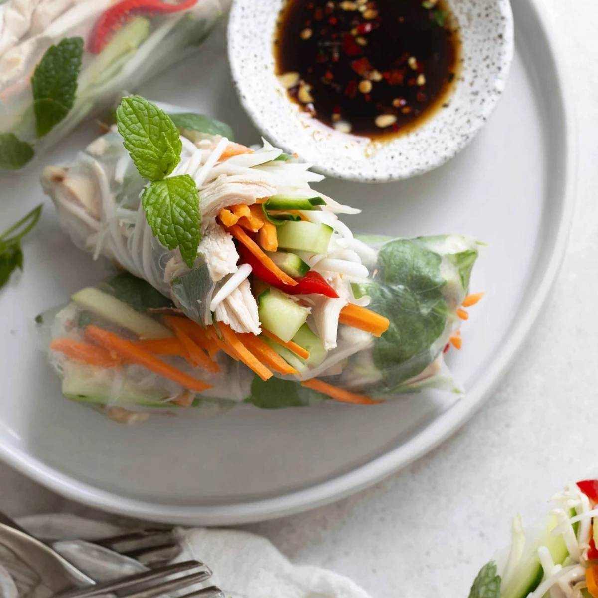 Hand-rolled chicken and vegetable spring rolls displaying translucent rice paper wrappers filled with vibrant julienned vegetables and sliced chicken breast, ready for dipping