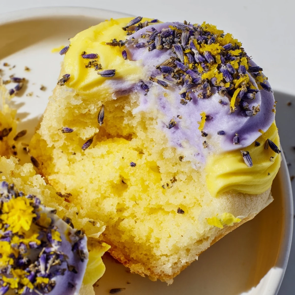 Fluffy lemon lavender cupcakes topped with creamy white frosting and garnished with fresh lavender buds on a white plate.