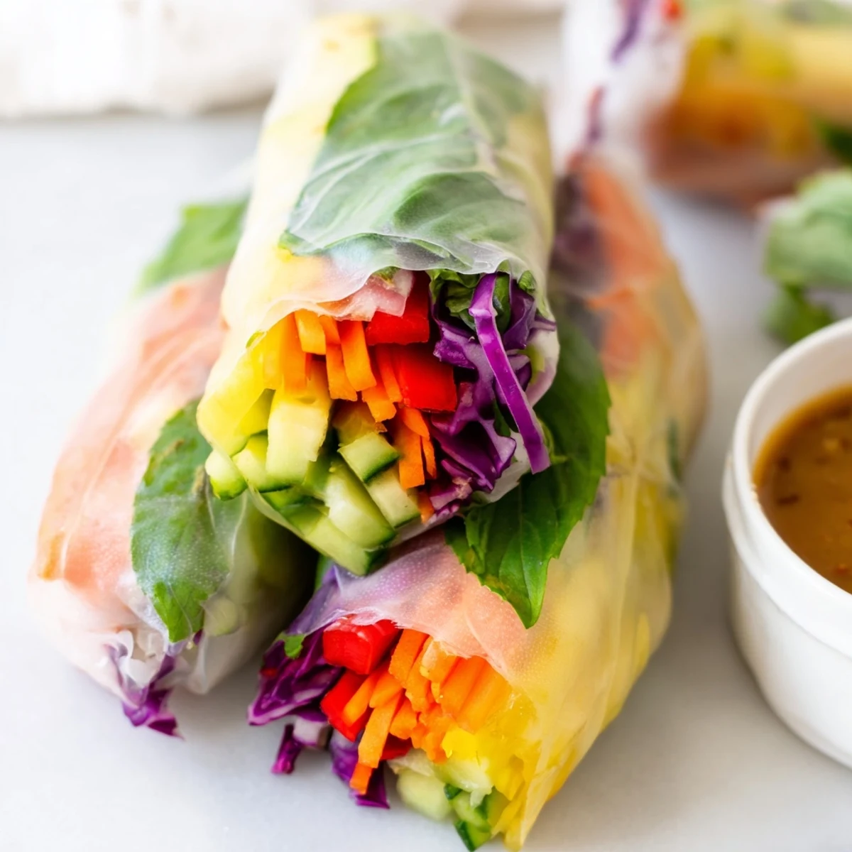Crispy rice paper-wrapped fresh spring rolls displaying vibrant julienned carrots cucumber and red cabbage