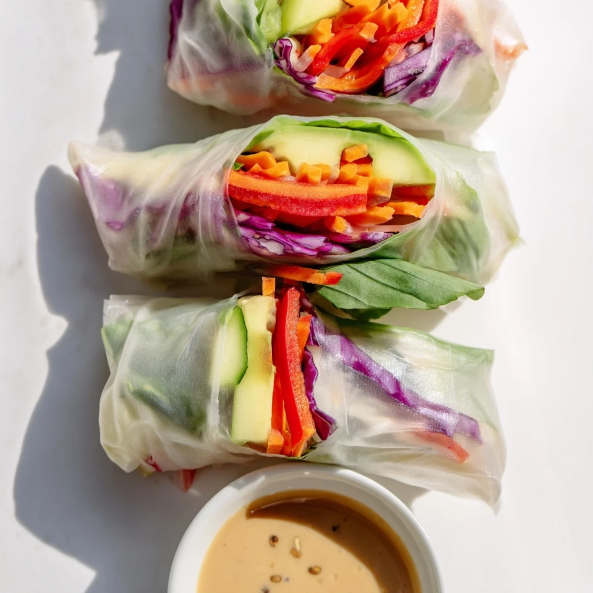 Fresh spring rolls with colorful vegetables and herbs served alongside rich peanut dipping sauce