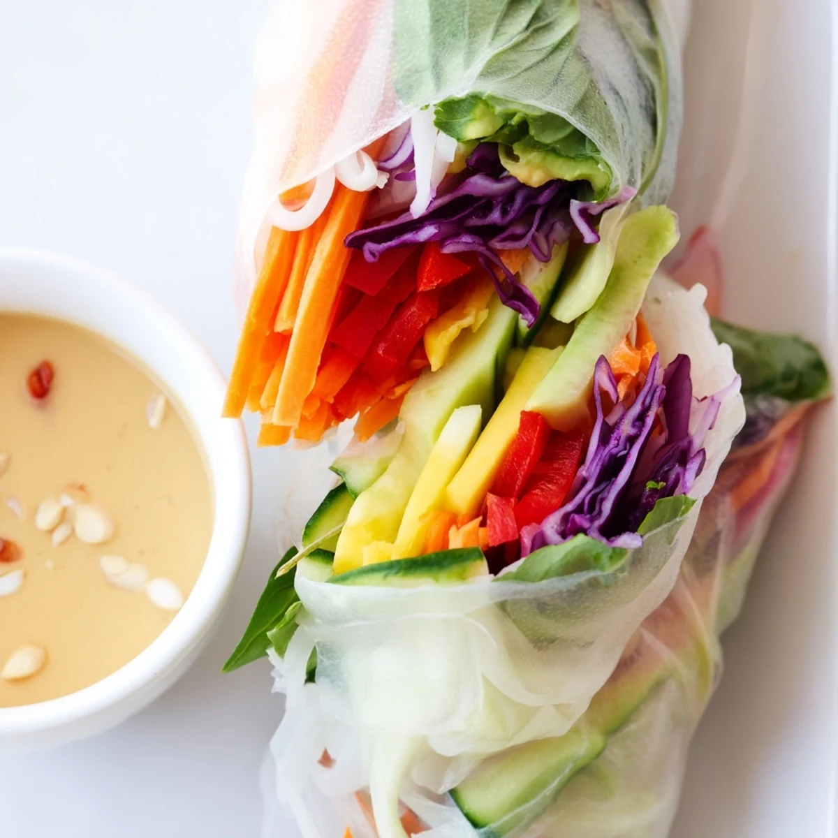 Vietnamese-style fresh spring rolls featuring translucent wrappers filled with mint cilantro and crisp vegetables