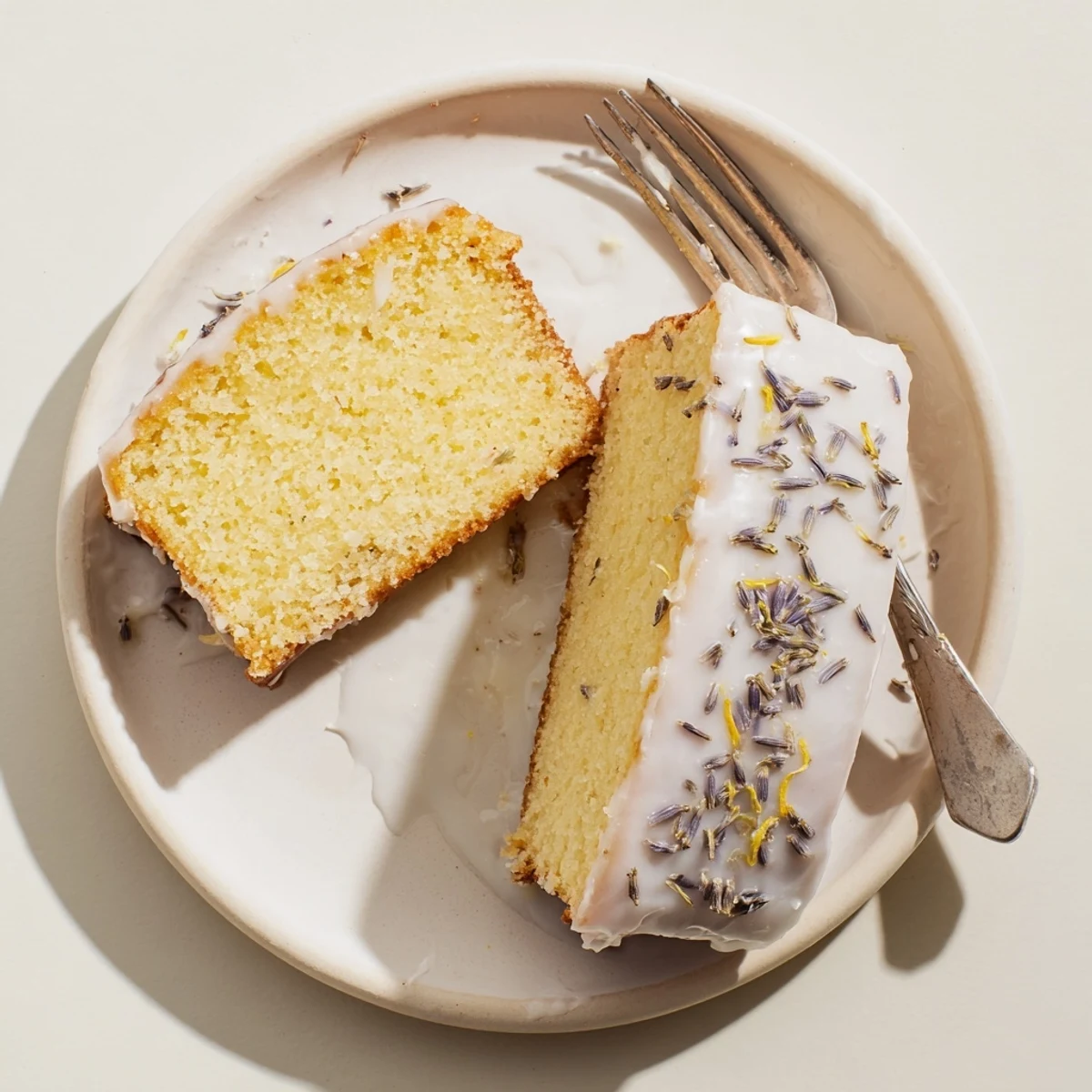 Golden lemon lavender cake drizzled with white glaze and fresh floral garnish