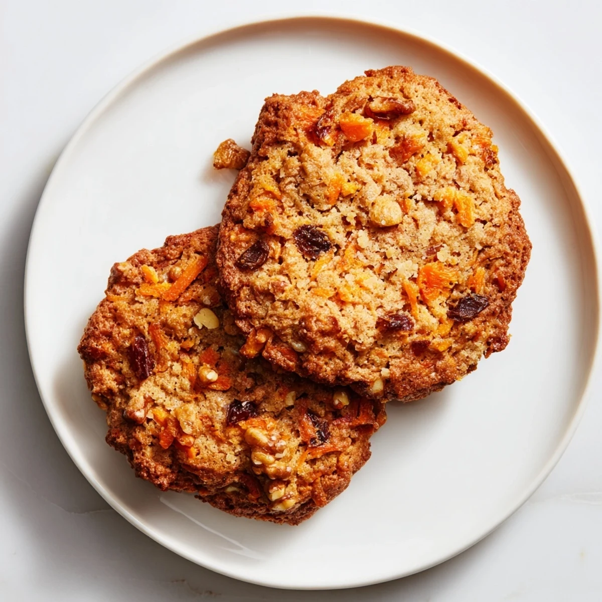Golden brown chewy carrot cake cookies studded with grated carrots, walnuts, and raisins on a wire cooling rack
