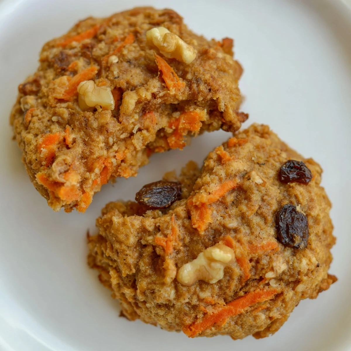 Soft spiced chewy carrot cake cookies dotted with orange carrot shreds and crunchy walnuts, freshly baked on parchment paper