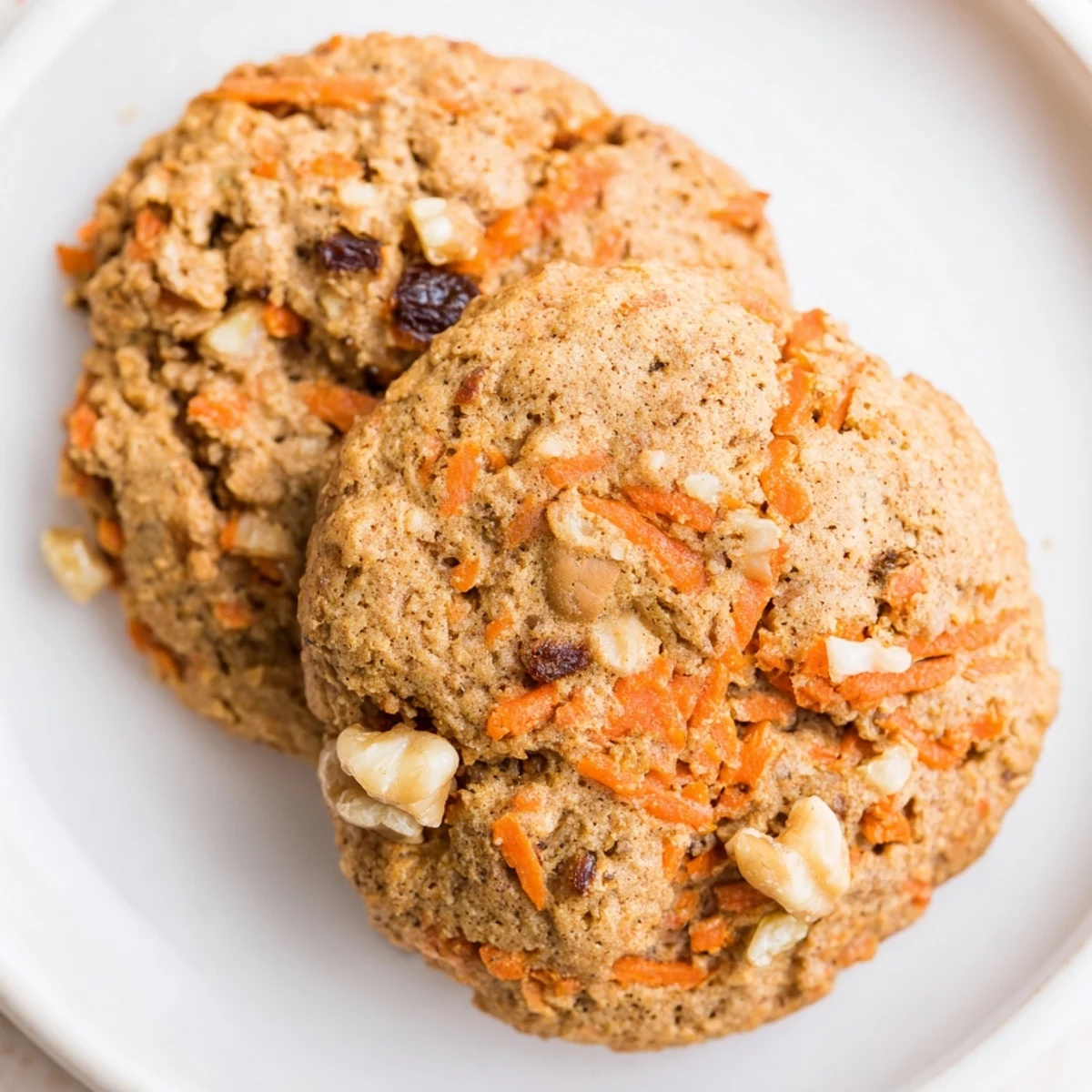 Homemade chewy carrot cake cookies with cream cheese glaze drizzle, topped with chopped walnuts and sweet raisins