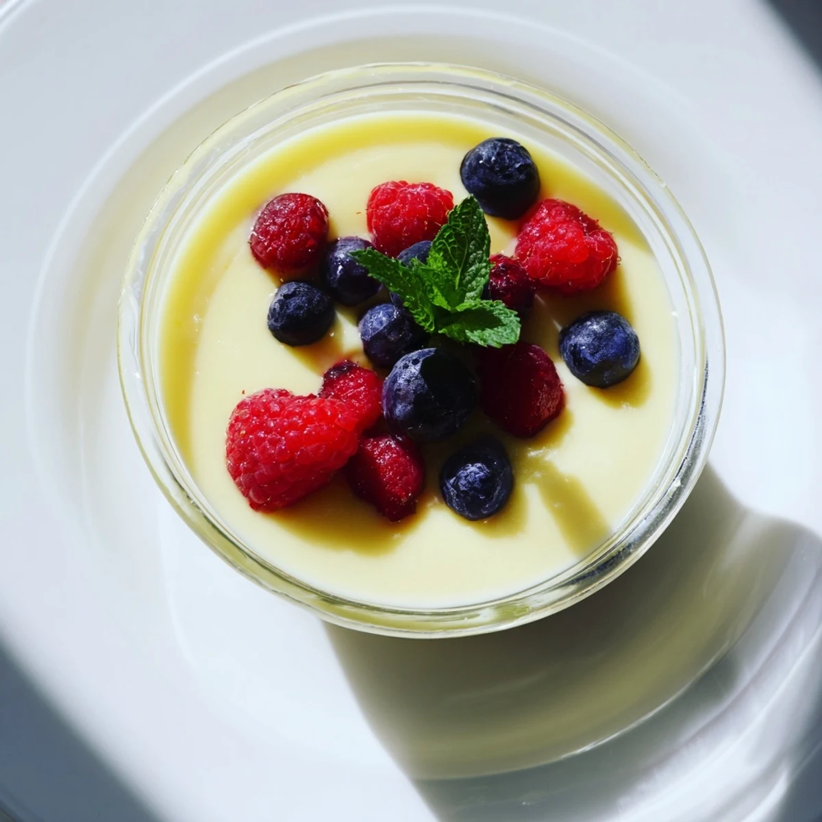 Silky British lemon posset topped with fresh raspberries and mint leaves on white plate