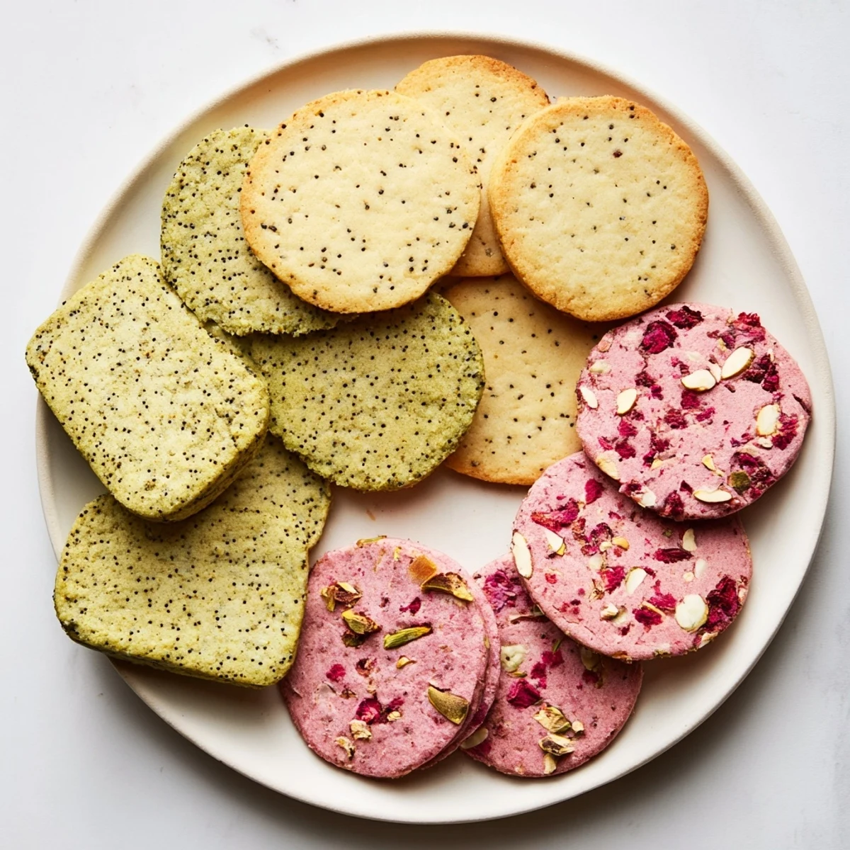 Colorful spring cookie collection featuring lemon poppy seed, matcha almond, and strawberry white chocolate varieties arranged on a rustic wooden board for Easter dessert sharing.