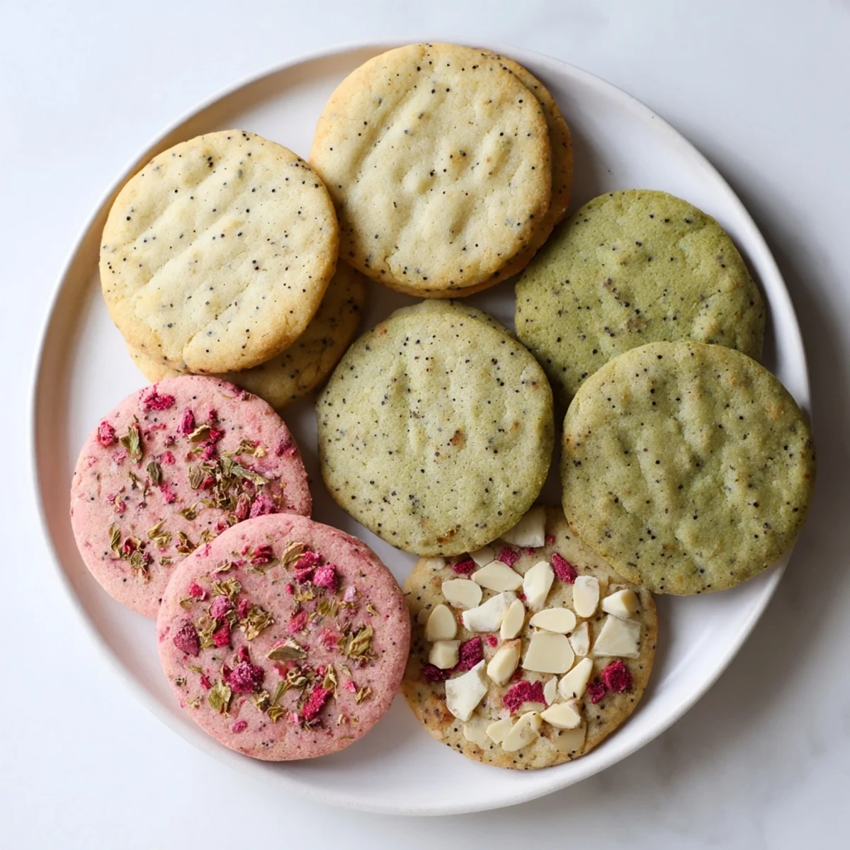 Assorted spring cookie platter displaying three flavors including zesty lemon, earthy matcha shortbread, and fruity strawberry white chocolate rounds garnished with fresh edible flowers.
