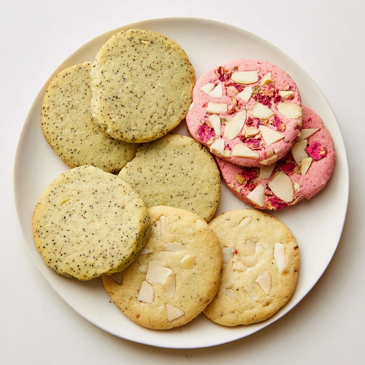 Golden batch of spring cookies with vibrant green matcha, bright lemon, and pink strawberry pieces fresh from the oven on a white baking sheet.