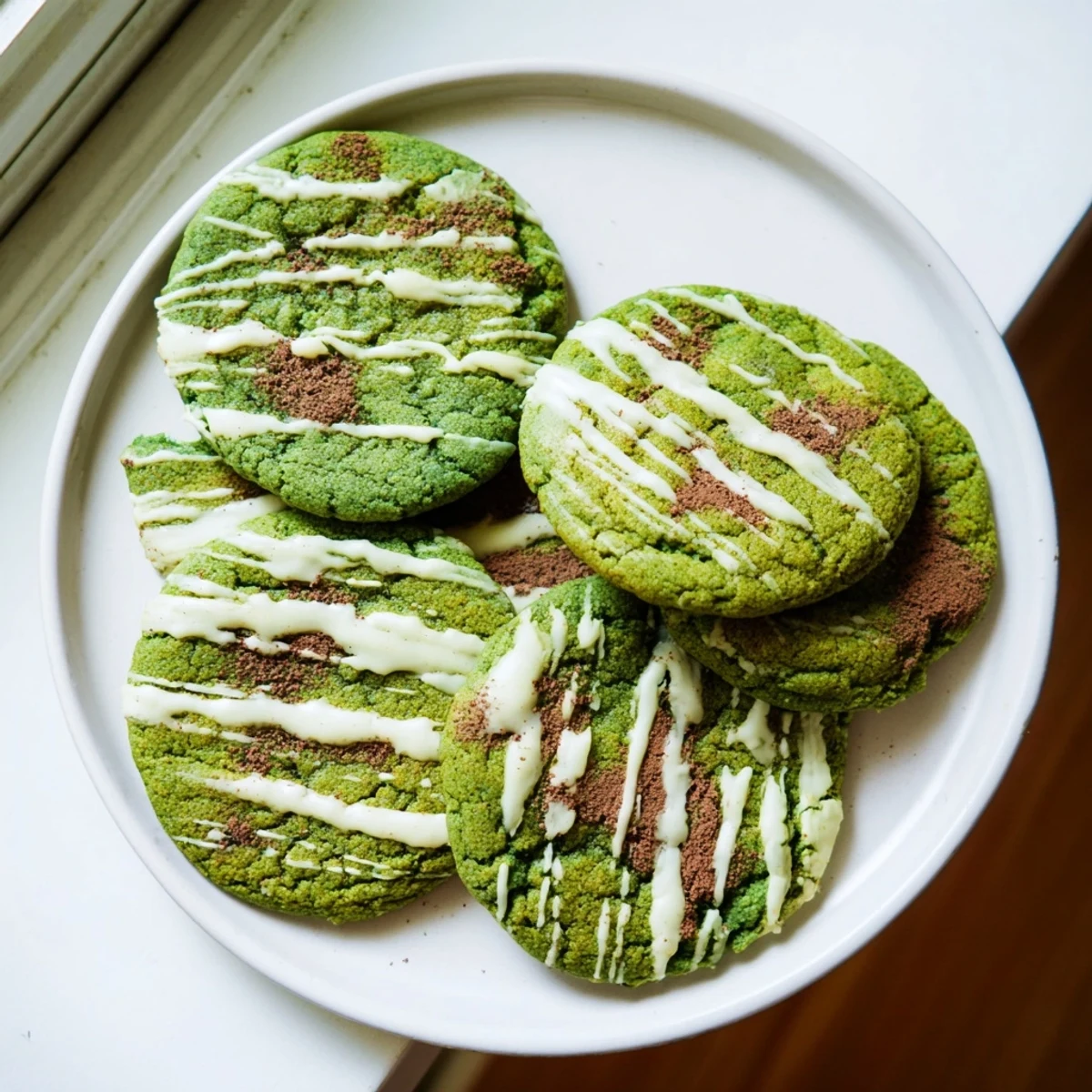 Vibrant green cookies with white chocolate swirls arranged on a baking sheet