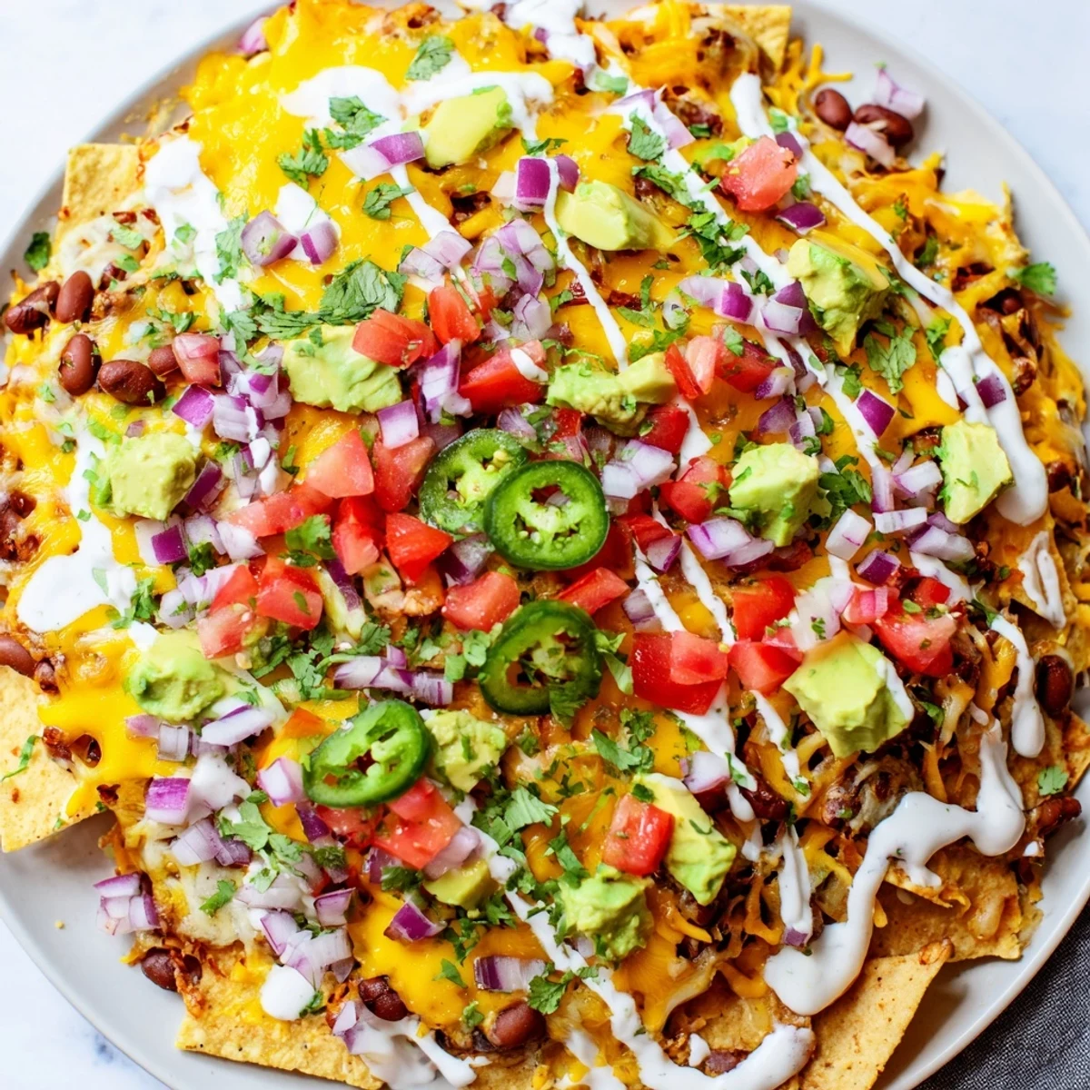 Hearty baked bean nachos platter piled high with diced tomatoes, sour cream, and red onion