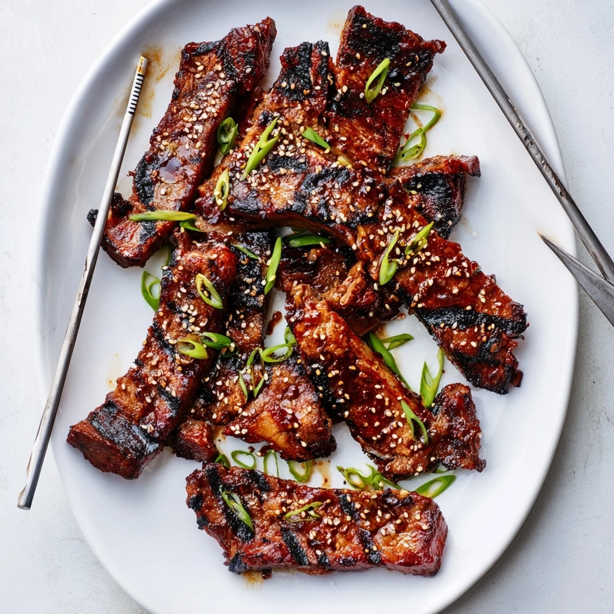 Tender beef short ribs glazed in caramelized Korean sauce with fresh scallion and sesame garnish