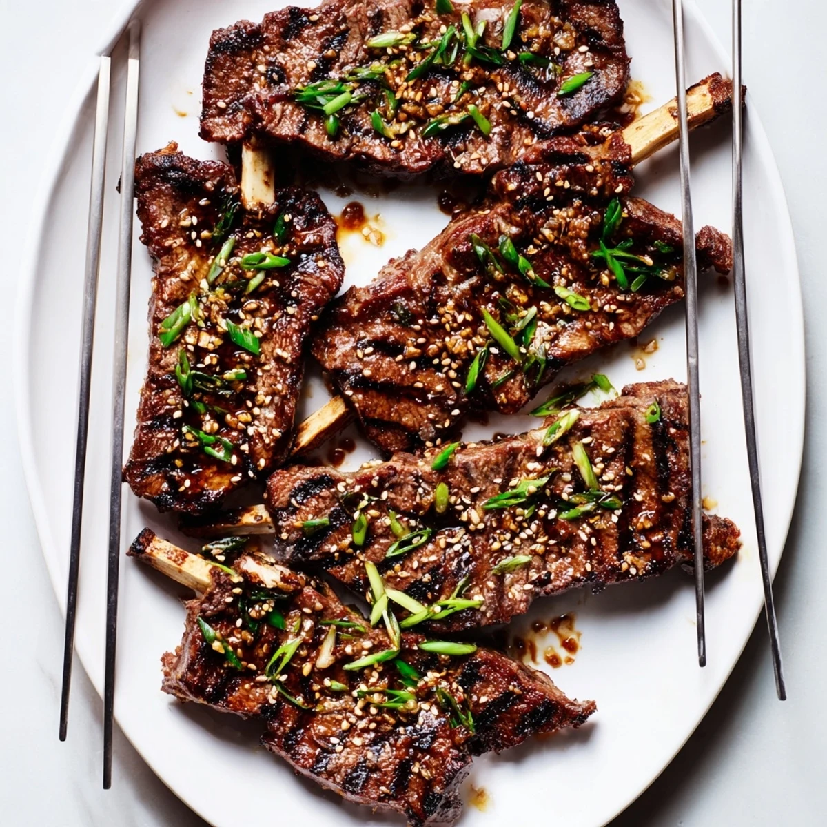 Sizzling plate of Korean galbi grilled ribs featuring smoky barbecue flavor and juicy meat texture