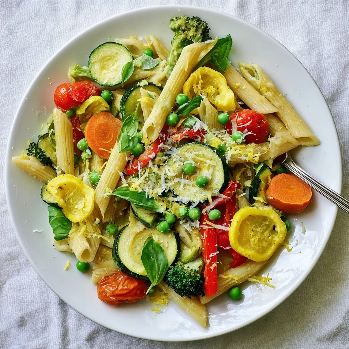 Colorful Pasta Primavera bowl loaded with fresh spring vegetables and light parmesan sauce