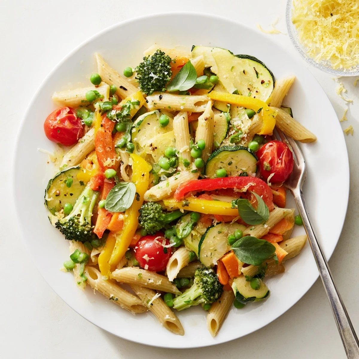 Steaming plate of Pasta Primavera with cherry tomatoes, zucchini, and fragrant basil garnish
