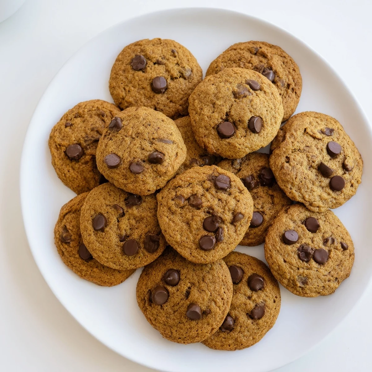 Soft golden pumpkin spice chocolate chip cookies with melted chocolate chunks on a white plate