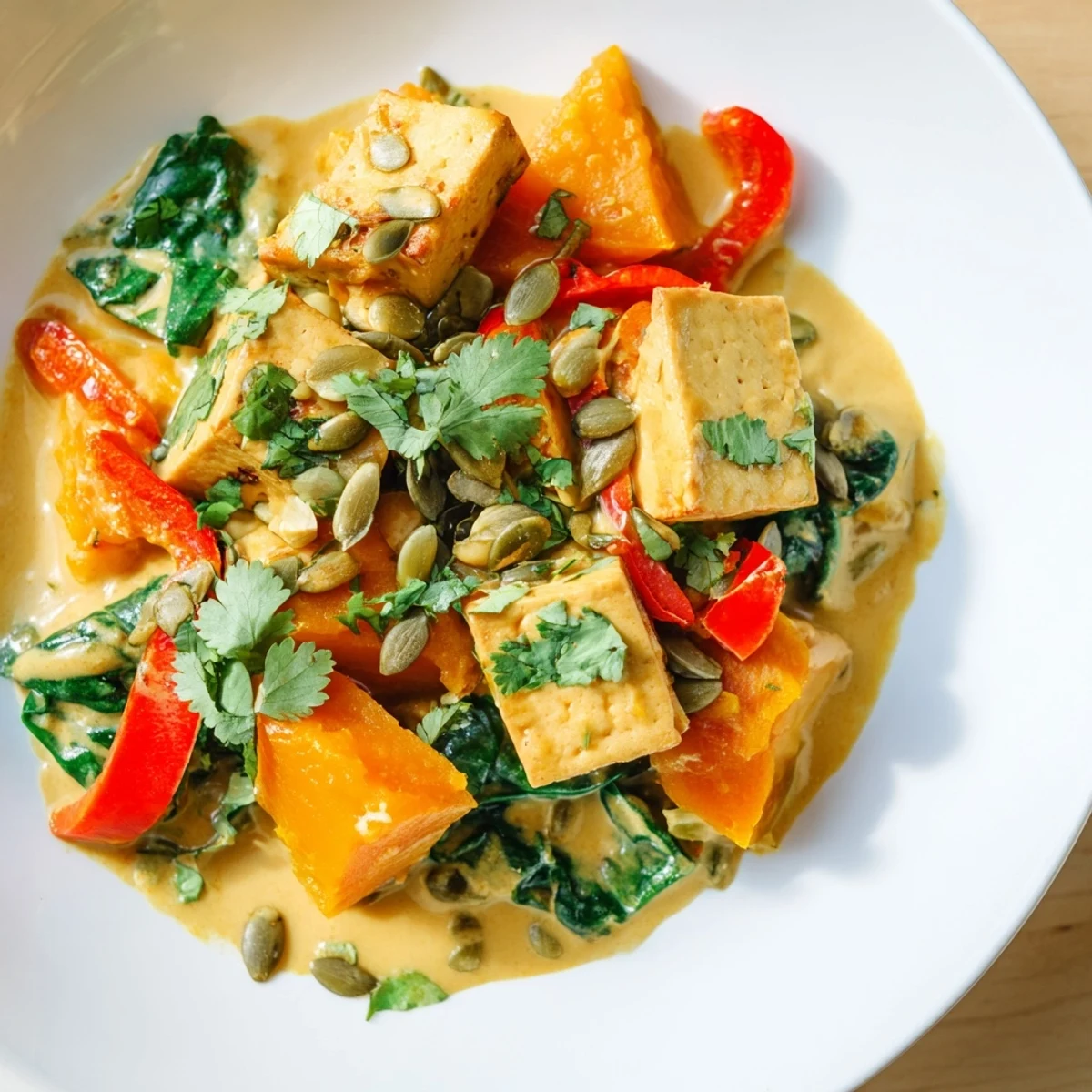 Vibrant vegetarian pumpkin tofu curry served in a white bowl with fresh cilantro garnish